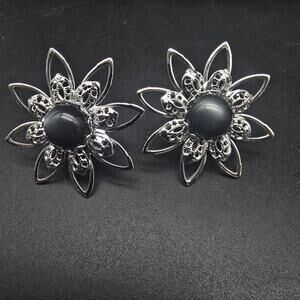 Vintage Gray Moon Glow Flower Earrings Screw Back